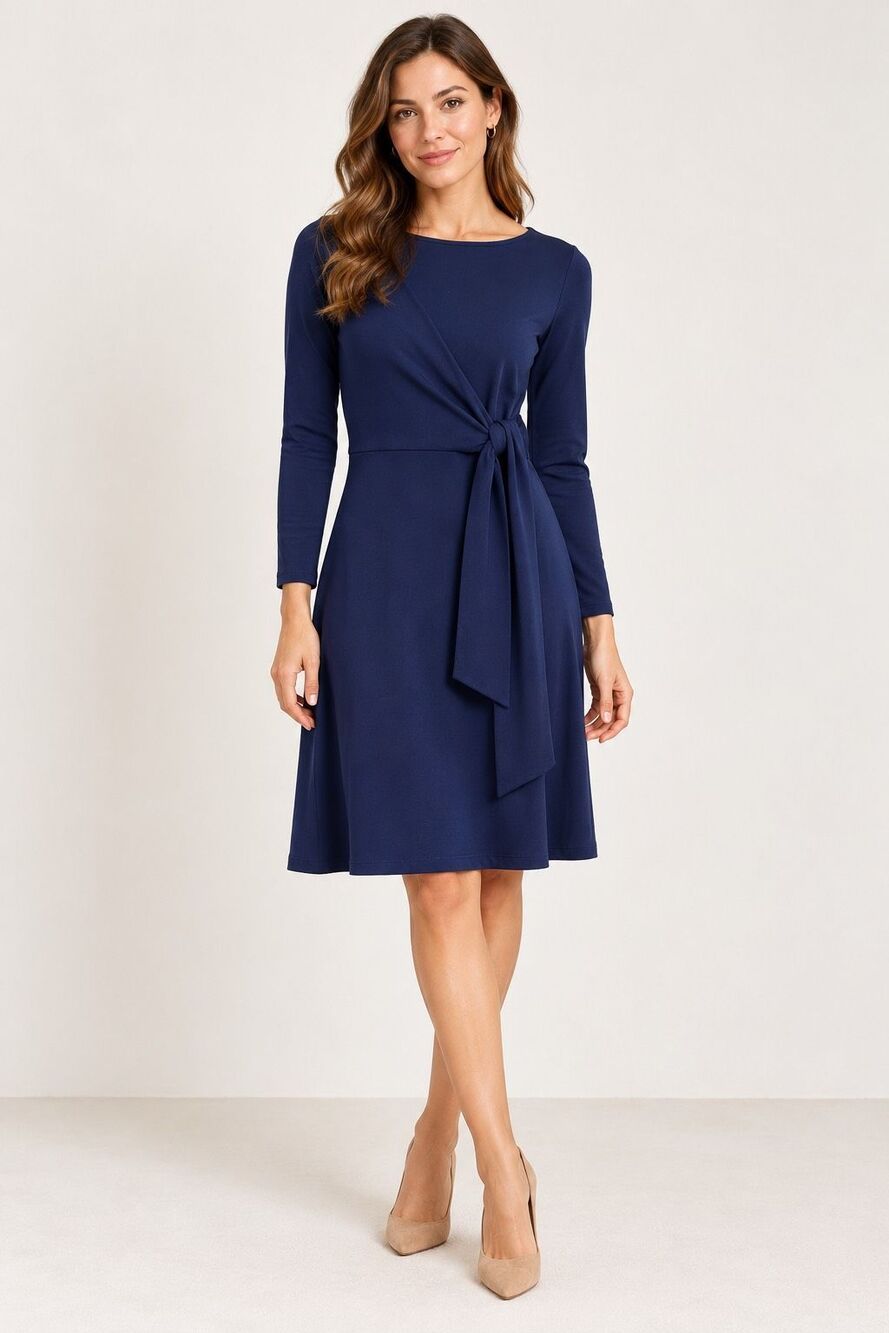 J.Crew Navy Blue Faux Wrap Tie Waist Long Sleeve Knit Dress Womenโs XS